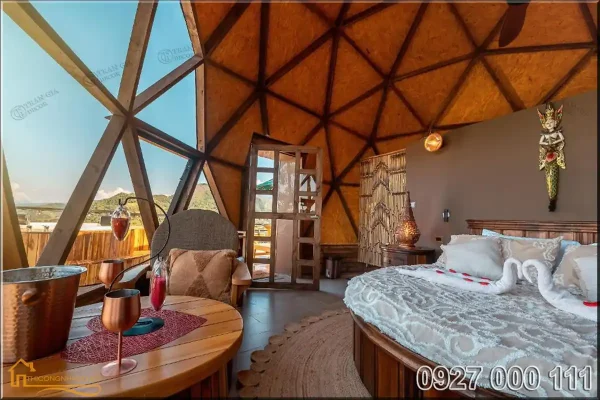 Nội thất nhà gỗ lắp ghép dome house cho homestay