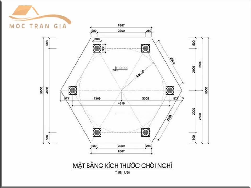 Bản vẽ nhà gỗ lục giác sân vườn