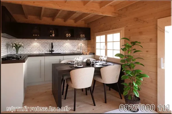 thiết kế nội thất bếp nhà gỗ lắp ghép 60m2