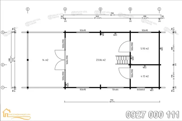 bản vẽ thiết kế nhà gỗ hiện đại 55m2