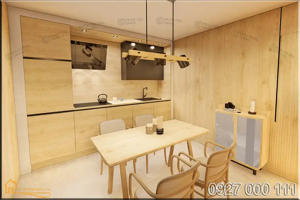 Mẫu thiết kế nhà gỗ hiện đại đẹp được ưa chuộng hiện nay 13 Thiết kế nhà gỗ hiện đại đẹp tinh tế với nội thất phòng bếp đơn giản nhưng đầy đủ tiện nghi