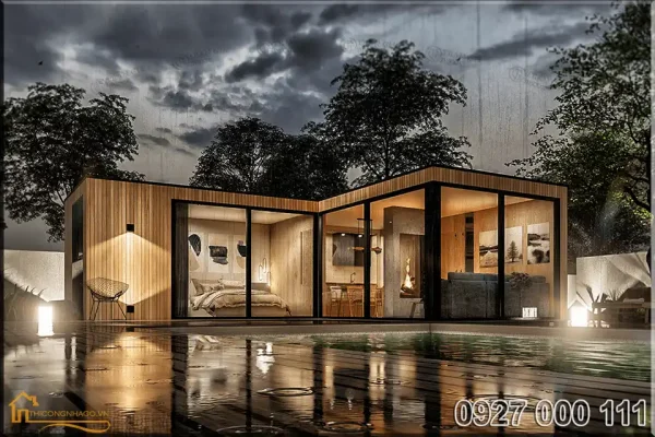 ngoại thất nhà gỗ tự nhiên phong cách hiện đại view 1