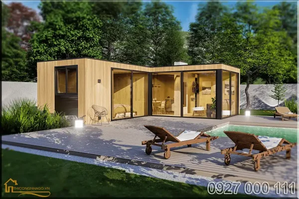 ngoại thất nhà gỗ tự nhiên phong cách hiện đại view 3