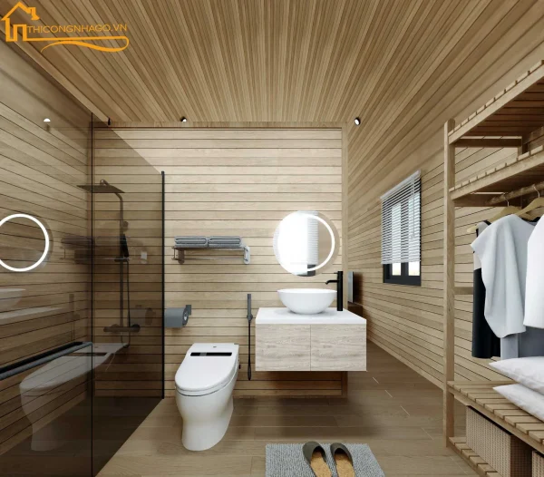 phòng vệ sinh nhà gỗ mái vòm mộc Trần Gia Decor