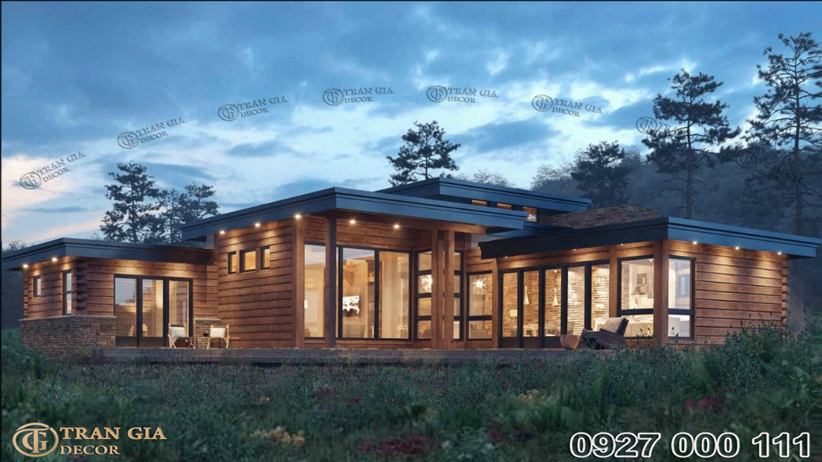 Thiết kế nhà gỗ đẹp 2025 1 tầng hiện đại