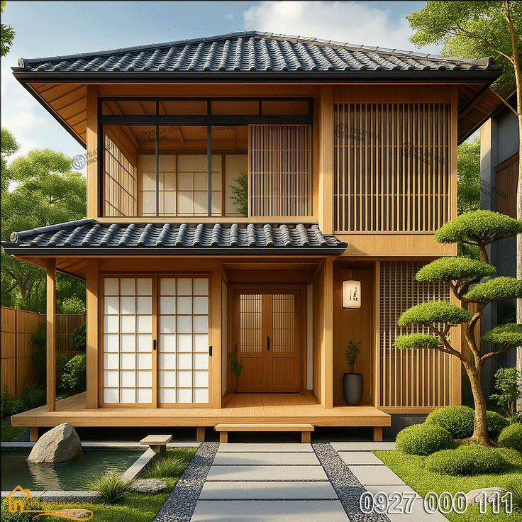 Thiết kế nhà gỗ mái ngói 02