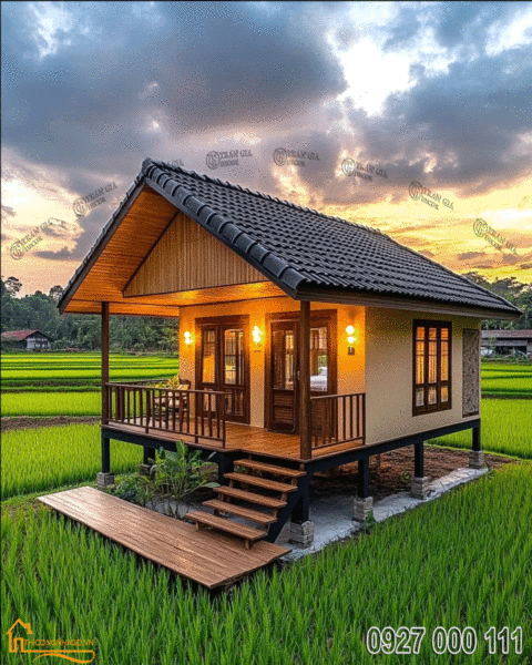 Thiết kế nhà gỗ mái ngói 01