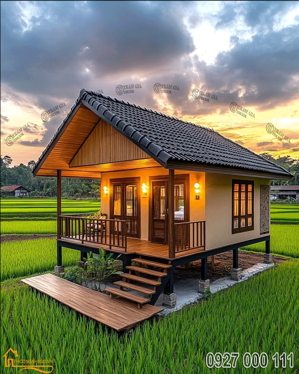 Thiết kế nhà gỗ mái ngói 01